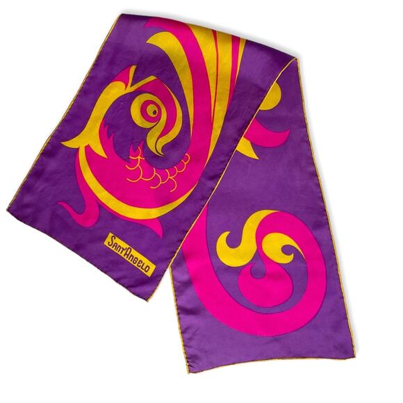 VTG 70s Giorgio Sant’Angelo Pink Purple Fish Dragon Print Signed Silk Scarf - Picture 1 of 6